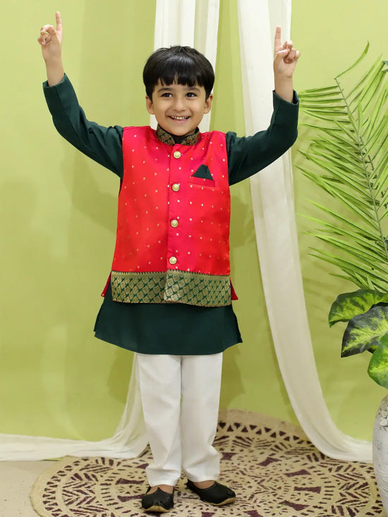 BownBee Ethnic Festive Wear Silk Jacket with Cotton Kurta Pajama for Boys- Pink