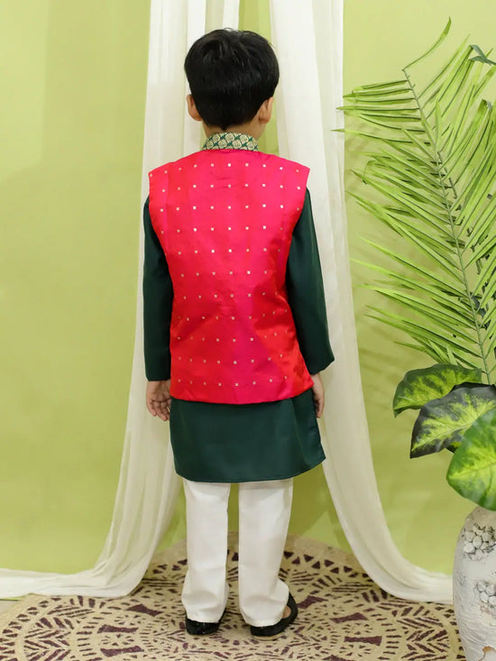 BownBee Ethnic Festive Wear Silk Jacket with Cotton Kurta Pajama for Boys- Pink