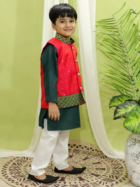 BownBee Ethnic Festive Wear Silk Jacket with Cotton Kurta Pajama for Boys- Pink