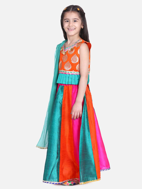 BownBee Girls Ethnic Festive Wear Kali Lehenga With Sleeveless Choli With Dupatta- Orange