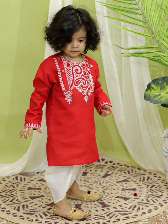 BownBee Embroidered Bangali Style Kurta with Dhoti for Boys- Red