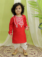 BownBee Embroidered Bangali Style Kurta with Dhoti for Boys- Red