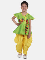 BownBee Girls Ethnic Festive wear Peacock Embroidery Peplum Dhoti Indo Western Clothing sets Green