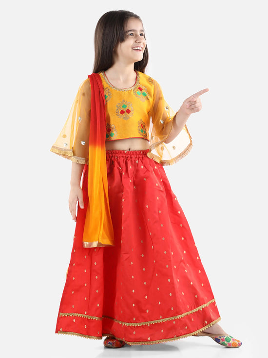 BownBee Girls Ethnic Festive Wear Jacquard Flared Sleeve Top with Silk Lehenga with Dupatta- Yellow