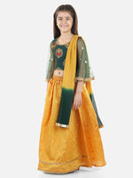 BownBee Girls Ethnic Festive Wear Jacquard Flared Sleeve Top with Silk Lehenga with Dupatta- Green