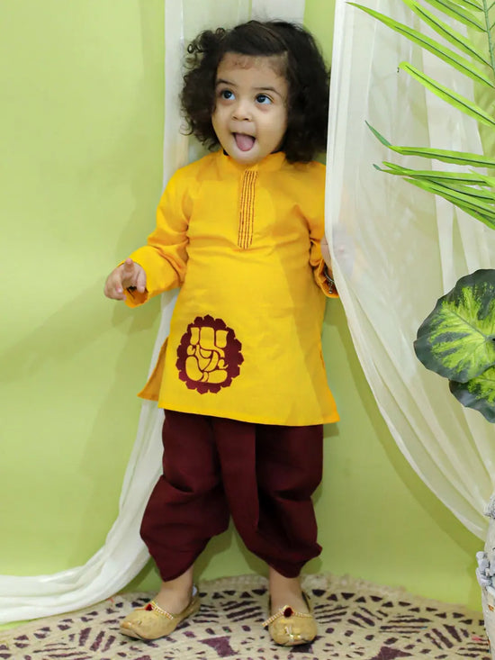 BownBee Boys Ethnic Festive Wear Ganesh Embroidery Cotton Dhoti Kurta for Boys- Yellow