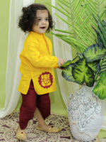 BownBee Boys Ethnic Festive Wear Ganesh Embroidery Cotton Dhoti Kurta for Boys- Yellow