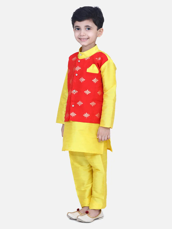 BownBee Boys Ethnic Wear Attached Chiffon printed Jacket Full Sleeve Kurta Pajama- Yellow