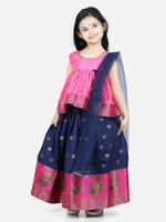 BownBee Girls Ethnic Festive Wear Jacquard Flared Sleeve Top with Silk Lehenga with Dupatta- Pink