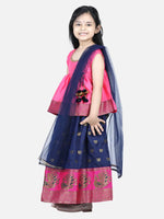 BownBee Girls Ethnic Festive Wear Jacquard Flared Sleeve Top with Silk Lehenga with Dupatta- Pink