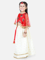 BownBee Girls Ethnic Festive Wear Jacquard Flared Sleeve Top with Silk Lehenga with Dupatta- Red