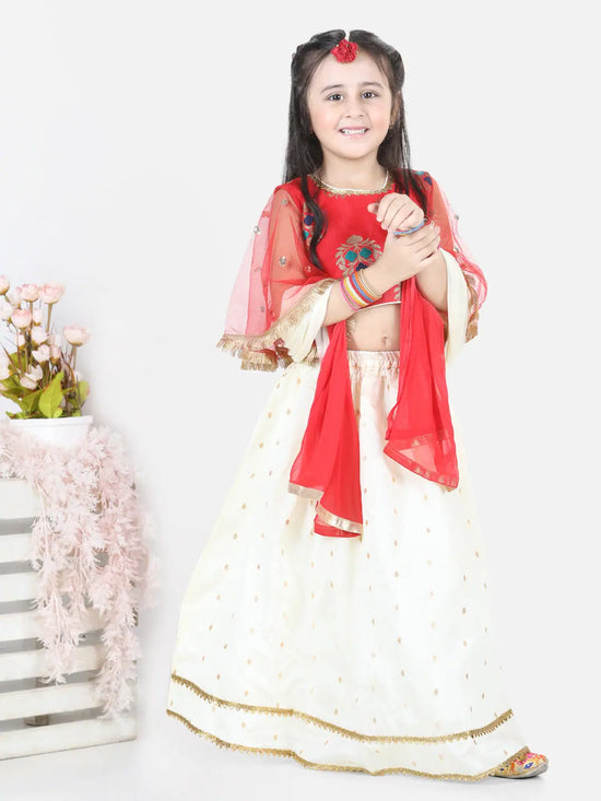 BownBee Girls Ethnic Festive Wear Jacquard Flared Sleeve Top with Silk Lehenga with Dupatta- Red