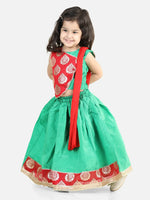 BownBee Girls Round Panel Foil Print Lehenga with Dupatta- Green