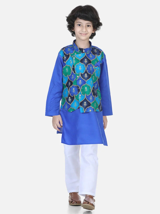 BownBee Boys Festive wear Attached Printed Jacket Kurta Pajama -Blue