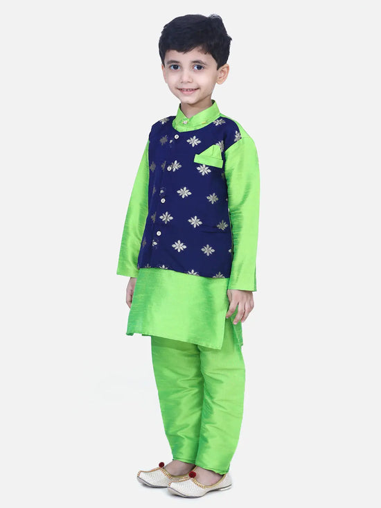 BownBee Boys Ethnic Wear Attached Chiffon printed Jacket Full Sleeve Kurta Pajama- Green