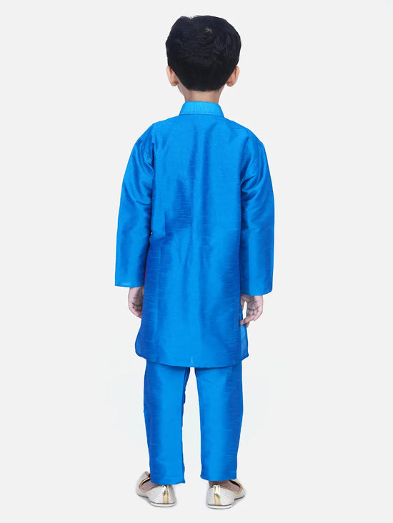 BownBee Boys Ethnic Wear Attached Chiffon printed Jacket Full Sleeve Kurta Pajama- Blue