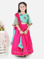 BownBee Girls Ethnic Festive Wear Jacquard Flared Sleeve Top with Silk Lehenga with Dupatta- Sky Blue