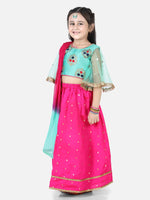 BownBee Girls Ethnic Festive Wear Jacquard Flared Sleeve Top with Silk Lehenga with Dupatta- Sky Blue