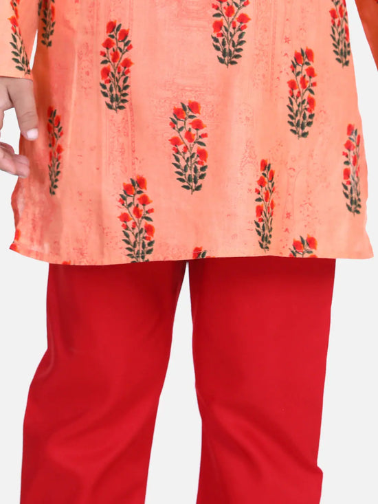 BownBee Boys Floral Print Cotton Kurta Pajama- Peach