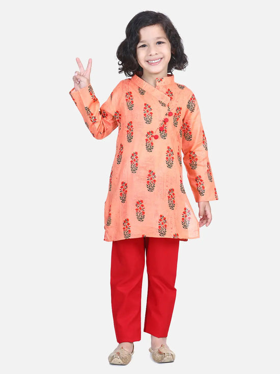 BownBee Boys Floral Print Cotton Kurta Pajama- Peach