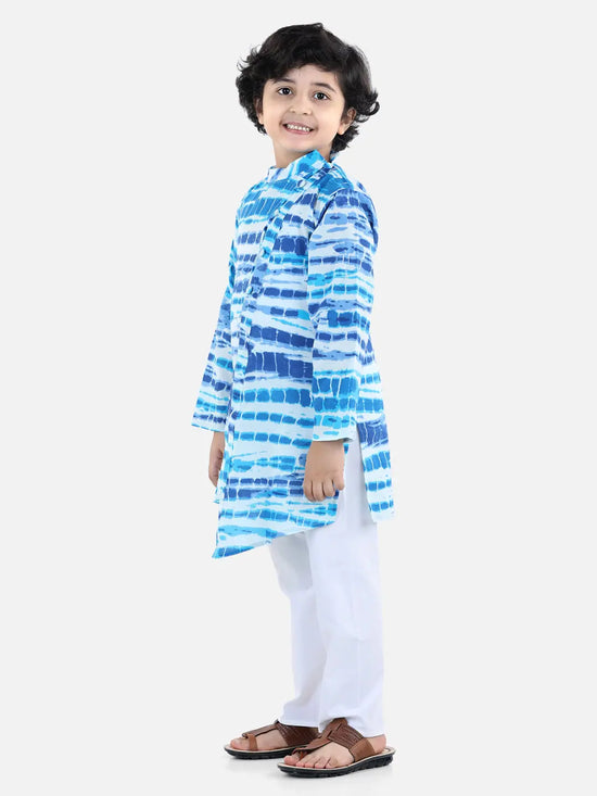 BownBee Boys Cotton Ethnic printed Asymmetric Front Open Kurta Pajama- Blue