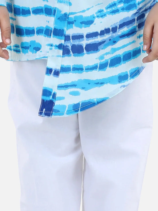 BownBee Boys Cotton Ethnic printed Asymmetric Front Open Kurta Pajama- Blue