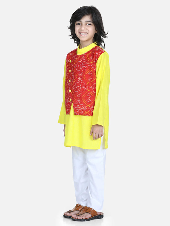 BownBee Boys Ethnic Festive Wear Cotton Attached Floral Jacket Kurta Pajama - Red