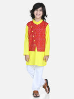 BownBee Boys Ethnic Festive Wear Cotton Attached Floral Jacket Kurta Pajama - Red