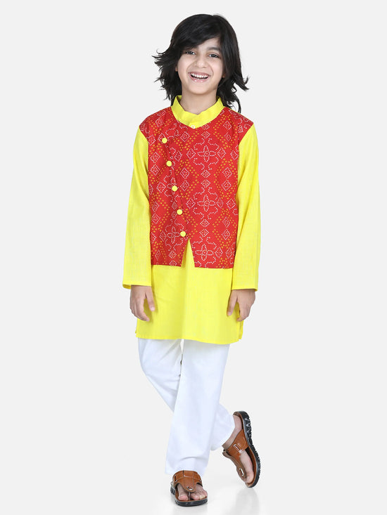 BownBee Boys Ethnic Festive Wear Cotton Attached Floral Jacket Kurta Pajama - Red