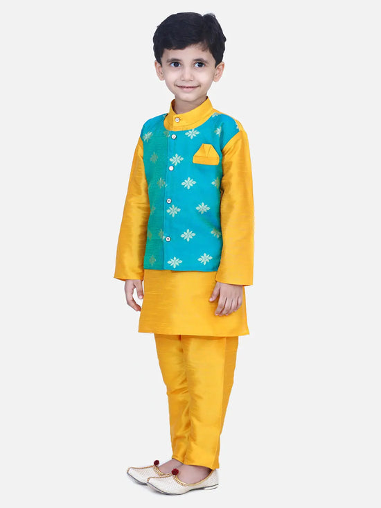 BownBee Boys Ethnic Wear Attached Chiffon printed Jacket Full Sleeve Kurta Pajama- Orange