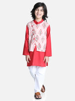 BownBee Boys Ethnic Festive Wear Cotton Attached Floral Jacket Kurta Pajama - Peach