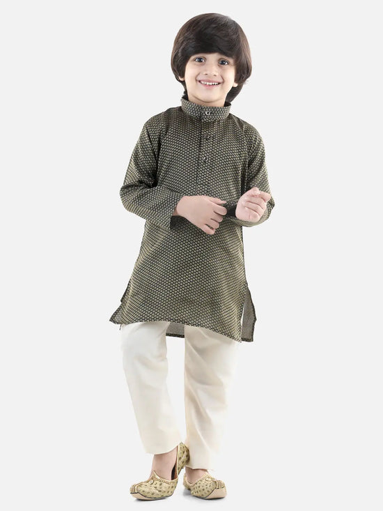 BownBee Boys Ethnic Full Sleeve Jacquard Kurta Pajama- Black