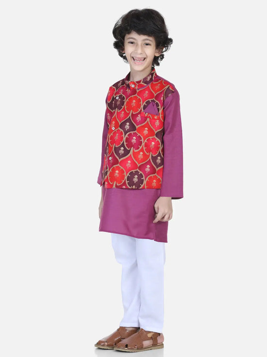 BownBee Boys Festive wear Attached Printed Jacket Kurta Pajama -Purple