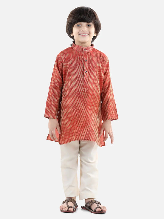 BownBee Boys Ethnic Full Sleeve Jacquard Kurta Pajama- Red