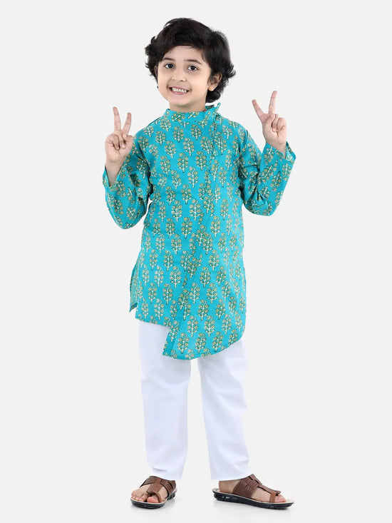 BownBee Boys Cotton Floral printed Asymmetric Front Open Kurta Pajama- Green