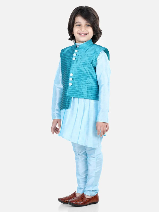 BownBee Boys Ethnic Festive Wear Assymetric Kurta Pajama with Jacquard Jacket- Blue