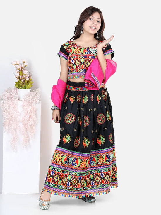 BownBee Girls Navratri Peacock embroidery Navratri Chaniya Choli with Dupatta for Garba- Black