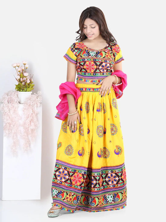 BownBee Girls Navratri Peacock embroidery Navratri Chaniya Choli with Dupatta for Garba- Yellow