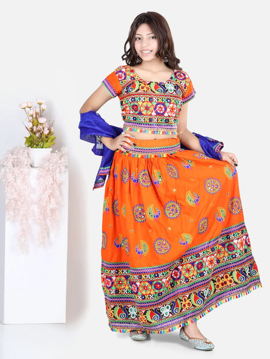 BownBee Girls Navratri Peacock embroidery Navratri Chaniya Choli with Dupatta for Garba- Orange