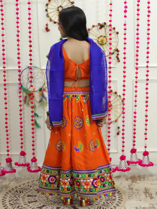 BownBee Girls Peacock embroidery Navratri Chaniya Choli with Dupatta- Orange