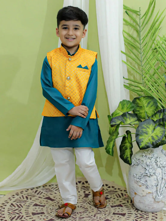 BownBee Boys Festive Wear Jacquard Jacket with Cotton Kurta Pajama Yellow