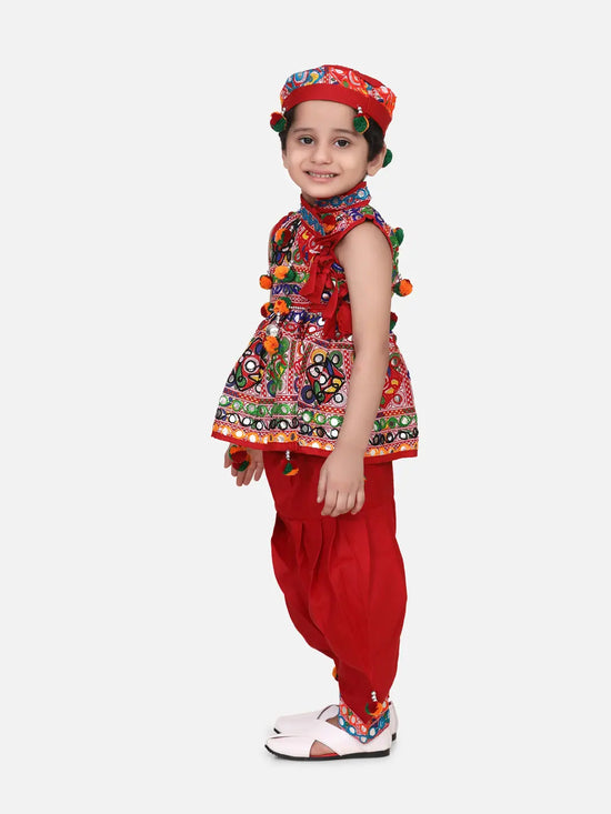 BownBee Navratri Embroidered kediya with Dhoti and Cap for Boys- maroon