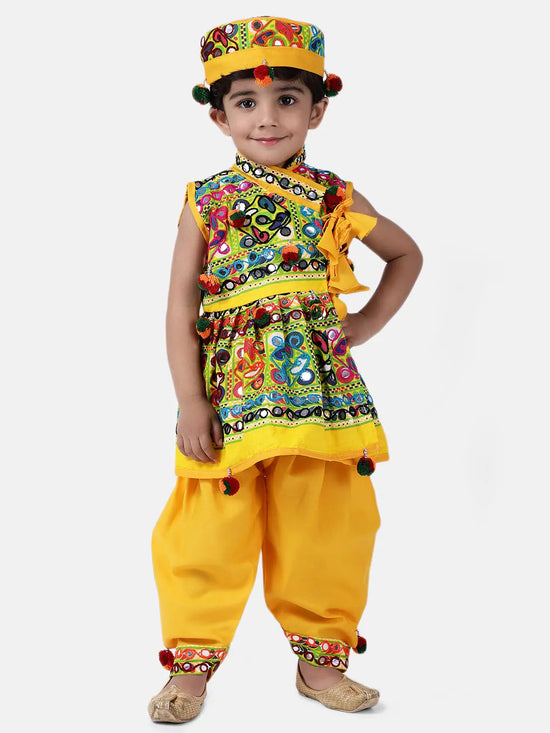 BownBee Navratri Embroidered kediya with Dhoti and Cap for Boys- Yellow-BN23KD37YWA14