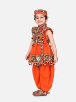 BownBee Navratri Embroidered kediya with Dhoti and Cap for Boys- Orange-BN23KD36ORA14