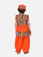 BownBee Navratri Embroidered kediya with Dhoti and Cap for Boys- Orange-BN23KD36ORA14