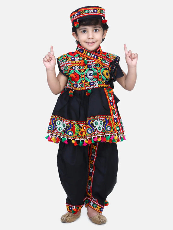 BownBee Navratri Embroidered kediya with Dhoti and Cap for Boys- Black-BN23KD36BKA14