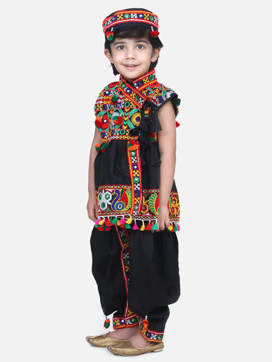 BownBee Navratri Embroidered kediya with Dhoti and Cap for Boys- Black-BN23KD36BKA14