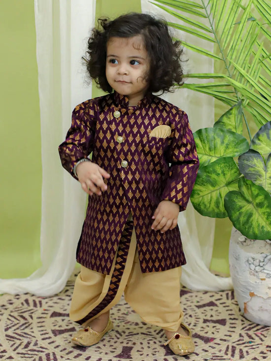 BownBee Boys Festive Wear Jacquard Full Sleeve Sherwani with Dhoti - Purple