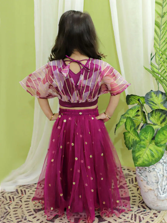 BownBee Ethnic Party Wear Girls Organza Cape Choli with Sequined Net Lehenga Purple