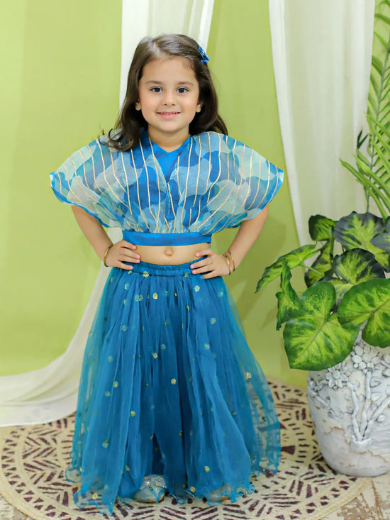 BownBee Ethnic Party Wear Girls Organza Cape Choli with Sequined Net Lehenga Blue